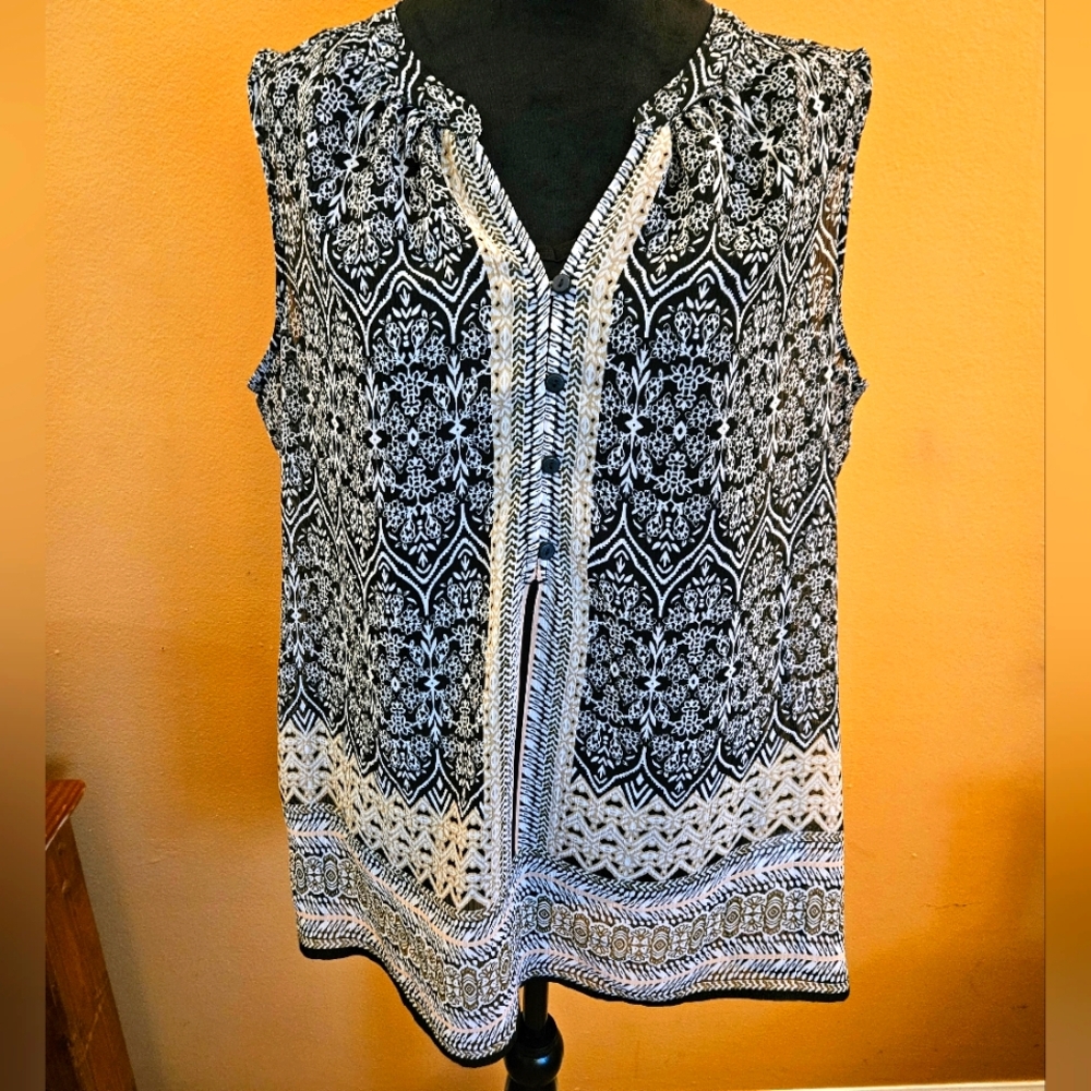 Liz Claiborne Sheer Black and White Sleeveless Blouse with Attached Camisole